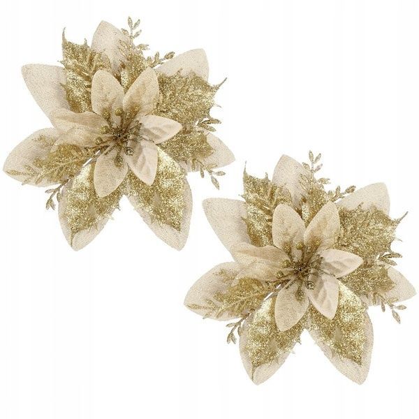 Set 10 ornamente pentru bradul de Craciun, stea Poinsettia, 13cm, auriu crem 10xCA-0730 foto