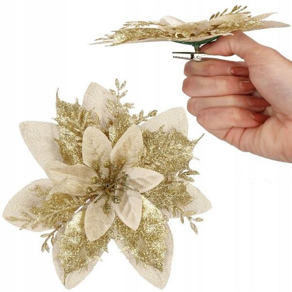 Set 10 ornamente pentru bradul de Craciun, stea Poinsettia, 13cm, auriu crem 10xCA-0730 foto