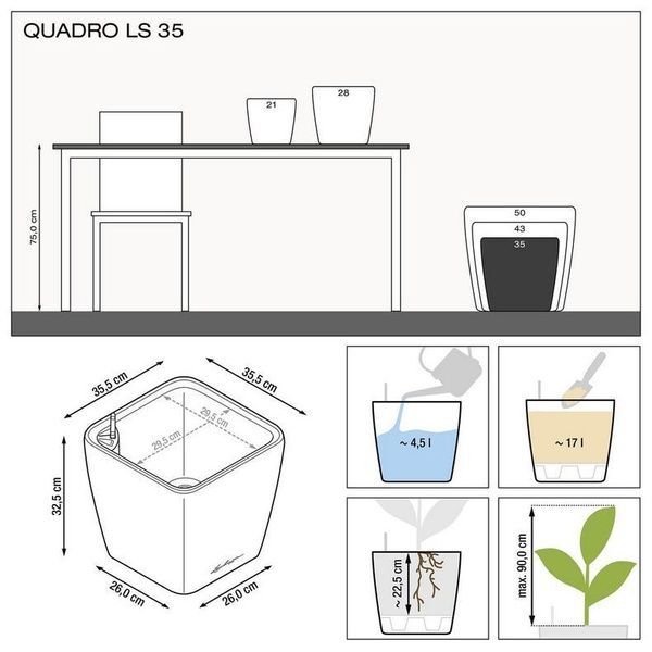 Ghiveci inteligent Lechuza Quadro Premium LS 35 pătrat 17 l 36 x 33 cm, Culoare Taupe 16165 foto