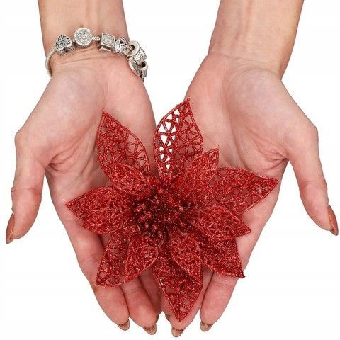 Set 10 ornamente pentru bradul de Craciun, stea Poinsettia, 10cm, rosu 10xCA-0727 foto