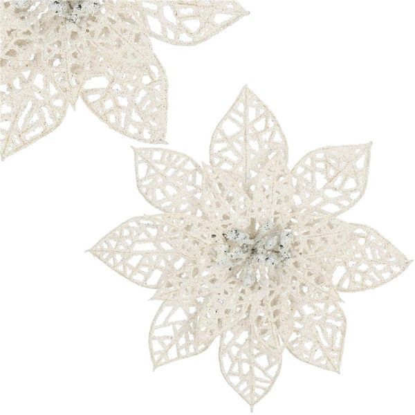 Set 10 ornamente pentru bradul de Craciun, stea Poinsettia, 14cm, alb cu sclipici 10xCA-0729 foto