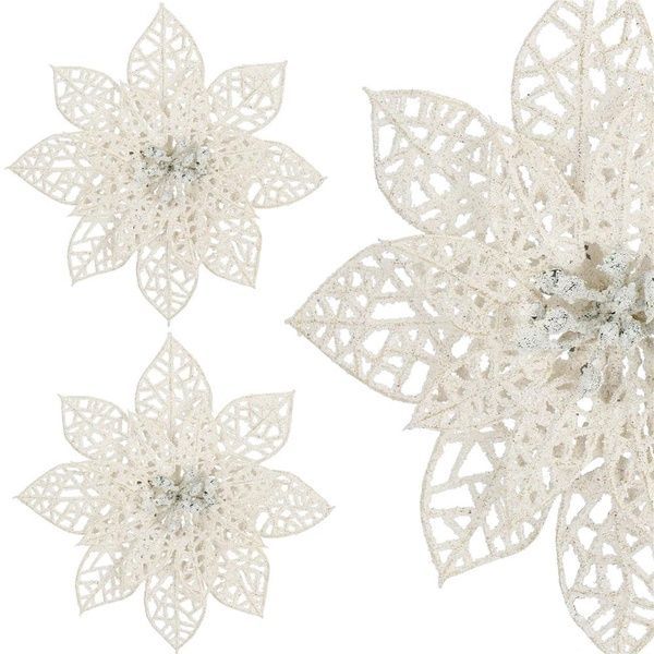 Set 10 ornamente pentru bradul de Craciun, stea Poinsettia, 14cm, alb cu sclipici 10xCA-0729 foto