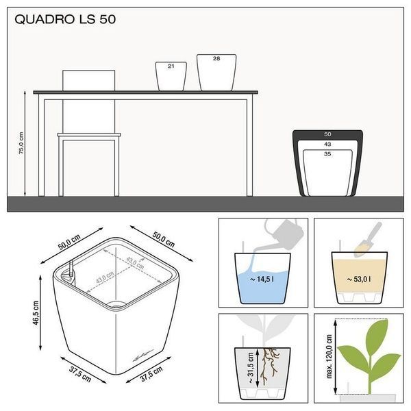 Ghiveci inteligent Lechuza Quadro Premium LS 50 pătrat 53 l 50 x 46 cm, Culoare Alb 16280 foto