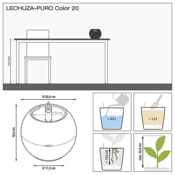 Ghiveci inteligent Lechuza Puro Color 20 rotund 1,2 l 20 x 16 cm, Culoare Alb 13360 foto