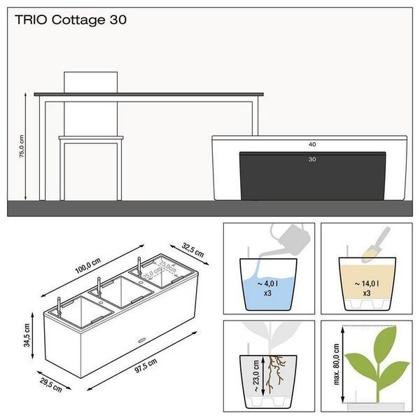 Ghiveci inteligent Lechuza Balconera 30 TRIO Cabană dreptunghiulară 14 x 3 l 32 x 100 x 35 cm, Culoare Maro deschis 15006 foto