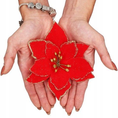 Set 10 ornamente pentru bradul de Craciun, stea Poinsettia, 13cm, rosu cu sclipici 10xCA-0732 foto