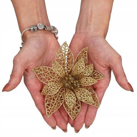 Set 10 ornamente pentru bradul de Craciun, stea Poinsettia, 14cm, auriu 10xCA-0725 foto
