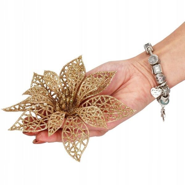 Set 10 ornamente pentru bradul de Craciun, stea Poinsettia, 14cm, auriu 10xCA-0725 foto