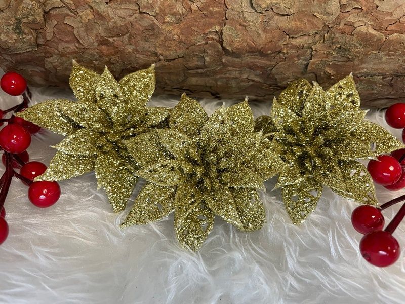 Set 10 ornamente pentru bradul de Craciun, stea Poinsettia, 14cm, auriu 10xCA-0725 foto