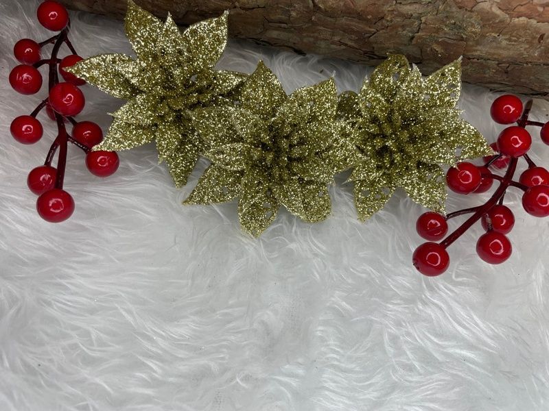 Set 10 ornamente pentru bradul de Craciun, stea Poinsettia, 14cm, auriu 10xCA-0725 foto