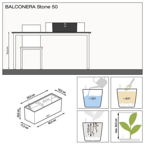 Ghiveci inteligent Lechuza Balconera Stone 50 dreptunghiular 8 l 19 x 50 x 19 cm, Culoare Negru grafit 15652 foto